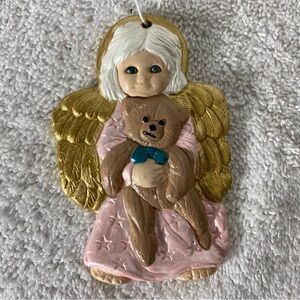 Vintage Hand Painted Pink Angel W Bear Ceramic Christmas Tree Ornament